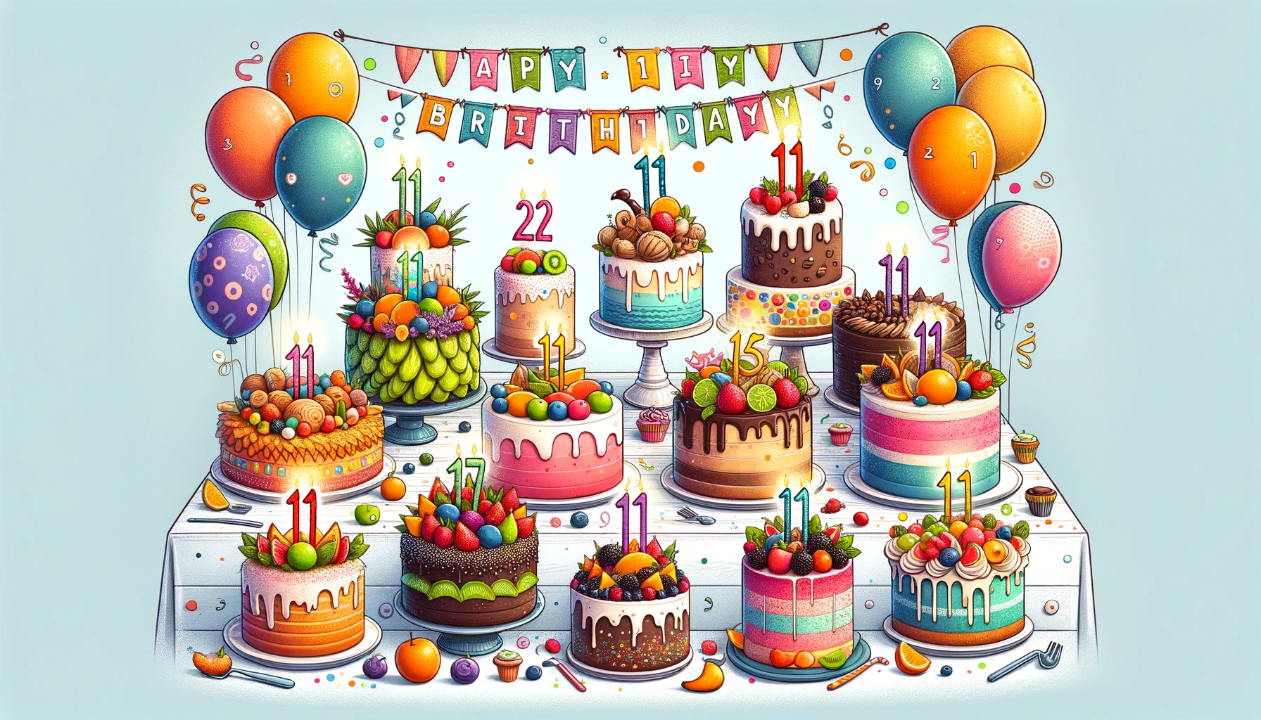 DALL·E 2024-02-27 18.53.02 – A delightful and colorful illustration showcasing a variety of 11 healthy birthday cakes with minimal sugar, perfect for kids. The cakes are creativel